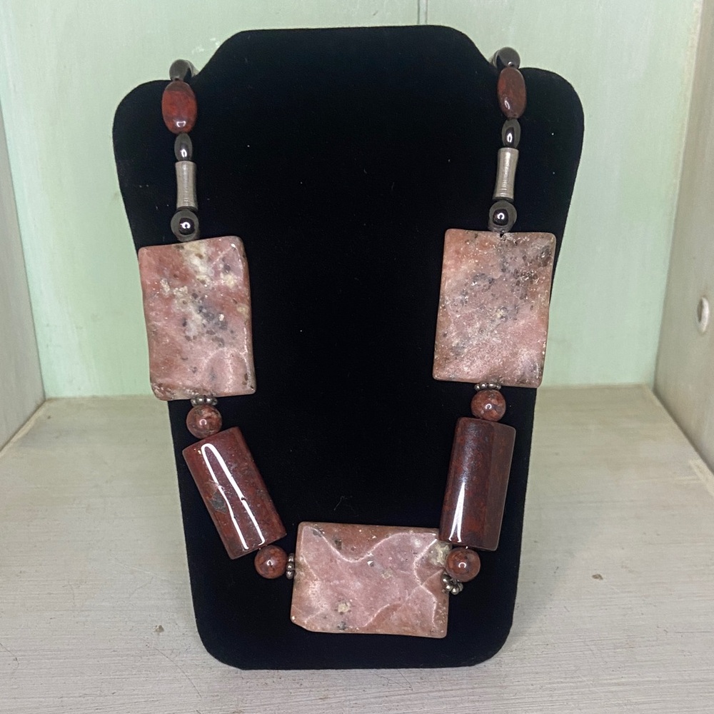 Chunky Natural Stone Statement Necklace Pink Jasper Boho Artisan Silver Tone 18”